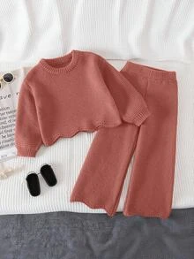 Young Girls Sweater Co-Ords, Knitted Long Sleeve Sweater And Knitted Wide Leg Pants, Suitable For Autumn/Winter - Pink - View 10