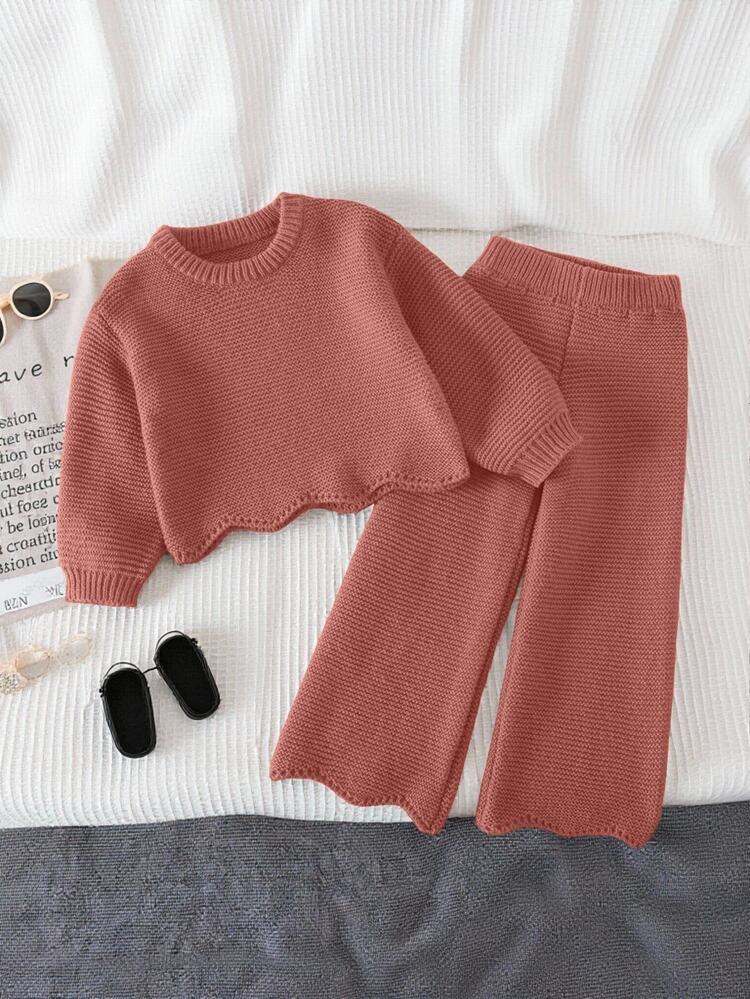 Young Girls Sweater Co-Ords, Knitted Long Sleeve Sweater And Knitted Wide Leg Pants, Suitable For Autumn/Winter - Pink - View 10