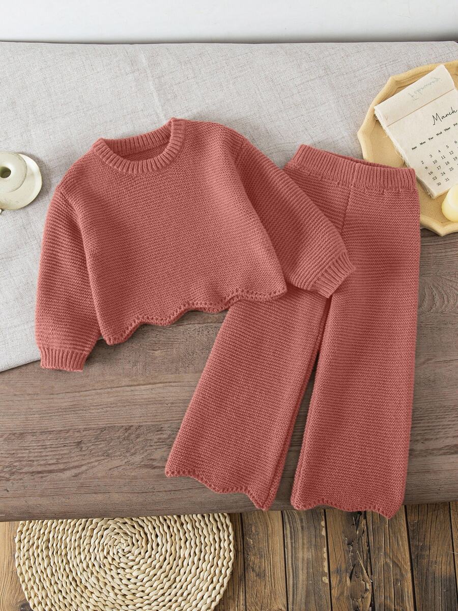 Young Girls Sweater Co-Ords, Knitted Long Sleeve Sweater And Knitted Wide Leg Pants, Suitable For Autumn/Winter - Pink - View 1