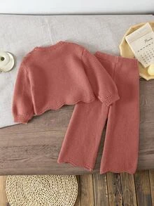 Young Girls Sweater Co-Ords, Knitted Long Sleeve Sweater And Knitted Wide Leg Pants, Suitable For Autumn/Winter - Pink - View 2