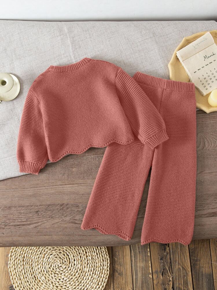 Young Girls Sweater Co-Ords, Knitted Long Sleeve Sweater And Knitted Wide Leg Pants, Suitable For Autumn/Winter - Pink - View 2