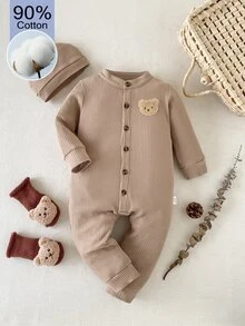 SHEIN 1件男嬰純色連身衣，柔軟抓絨，可愛休閒風，適合秋冬戶外玩耍/度假/日常穿著 - 卡其色 - 查看 4