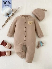 SHEIN 1件男嬰純色連身衣，柔軟抓絨，可愛休閒風，適合秋冬戶外玩耍/度假/日常穿著 - 卡其色 - 查看 6