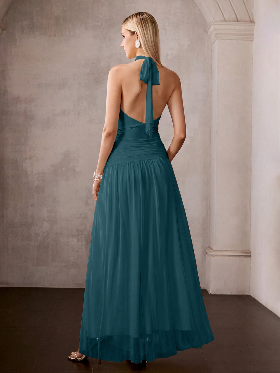 MOTF Soiréza ELEGANT WOMEN'S HALTER NECK OPEN BACK MAXI PARTY GOWN | SELF-TIE BOW DETAIL & DRAMATIC OPEN BACK (ROMANTIC ALLURE & BOLD ELEGANCE), RUCHED WAIST ACCENT FOR FEMININE CURVES, A-LINE FLOOR-LENGTH SKIRT WITH FLOWY DRAPE , STRETCH MESH FABRIC FOR COMFORTABLE BODY-HUGGING FIT, PERFECT FOR SPRING-SUMMER FRESHNESS (VERSATILE PASTEL APPEAL) FOR SPRING WEDDINGS, GARDEN PARTIES,PROM NIGHTS, EVENING GALAS, SUMMER BEACH PARTIES, MOTHER'S DAY CELEBRATIONS, OUTDOOR WOODLAND EVENTS & ELEGANT BIRTHDAY BASHES