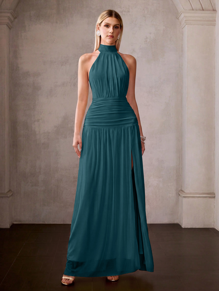 MOTF Soiréza ELEGANT WOMEN'S HALTER NECK OPEN BACK MAXI PARTY GOWN | SELF-TIE BOW DETAIL & DRAMATIC OPEN BACK (ROMANTIC ALLURE & BOLD ELEGANCE), RUCHED WAIST ACCENT FOR FEMININE CURVES, A-LINE FLOOR-LENGTH SKIRT WITH FLOWY DRAPE , STRETCH MESH FABRIC FOR COMFORTABLE BODY-HUGGING FIT, PERFECT FOR SPRING-SUMMER FRESHNESS (VERSATILE PASTEL APPEAL) FOR SPRING WEDDINGS, GARDEN PARTIES,PROM NIGHTS, EVENING GALAS, SUMMER BEACH PARTIES, MOTHER'S DAY CELEBRATIONS, OUTDOOR WOODLAND EVENTS & ELEGANT BIRTHDAY BASHES - Dark Green - View 4