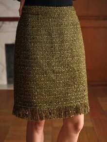 MOTF Rok dengan Rumbai di Bagian Bawah dari Kain Tweed - Hijau - View 4