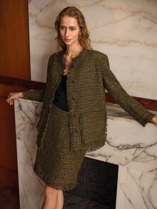 MOTF Rok dengan Rumbai di Bagian Bawah dari Kain Tweed - Hijau - View 8