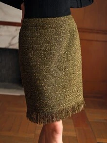 MOTF Rok dengan Rumbai di Bagian Bawah dari Kain Tweed - Hijau - View 5