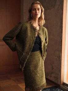 MOTF Rok dengan Rumbai di Bagian Bawah dari Kain Tweed - Hijau - View 6