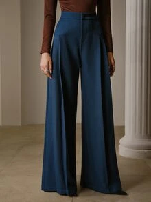 ZEYLAH Fashionable Commute Solid Color Pleated Wide Leg Pants - Aqua Blue - View 6