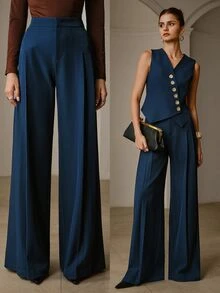 ZEYLAH Fashionable Commute Solid Color Pleated Wide Leg Pants - Aqua Blue - View 1