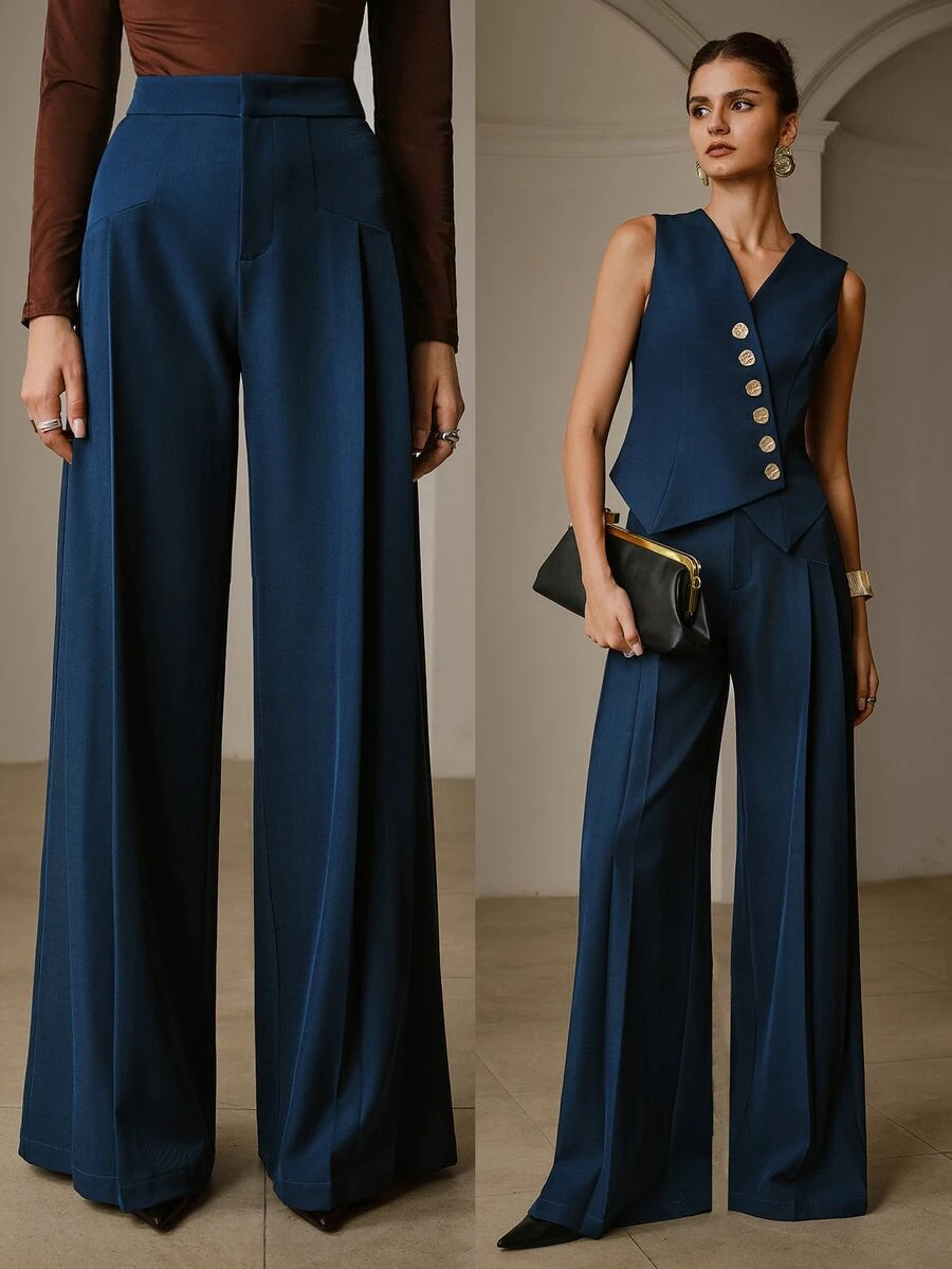 ZEYLAH Fashionable Commute Solid Color Pleated Wide Leg Pants - Aqua Blue - View 1