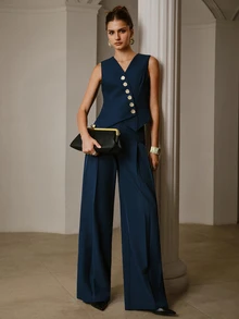 ZEYLAH Fashionable Commute Solid Color Pleated Wide Leg Pants - Aqua Blue - View 5