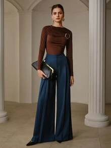 ZEYLAH Fashionable Commute Solid Color Pleated Wide Leg Pants - Aqua Blue - View 3