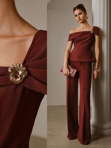 ZEYLAH Summer Elegant Metal Decor Asymmetric Neckline Top - Burgundy - View 1