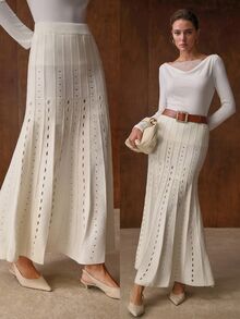 MOTF PREMIUM KNITTED HOLLOW-OUT PATTERN MERMAID HEM SWEATER SKIRT, BELT NOT INCLUDED - White - View 1