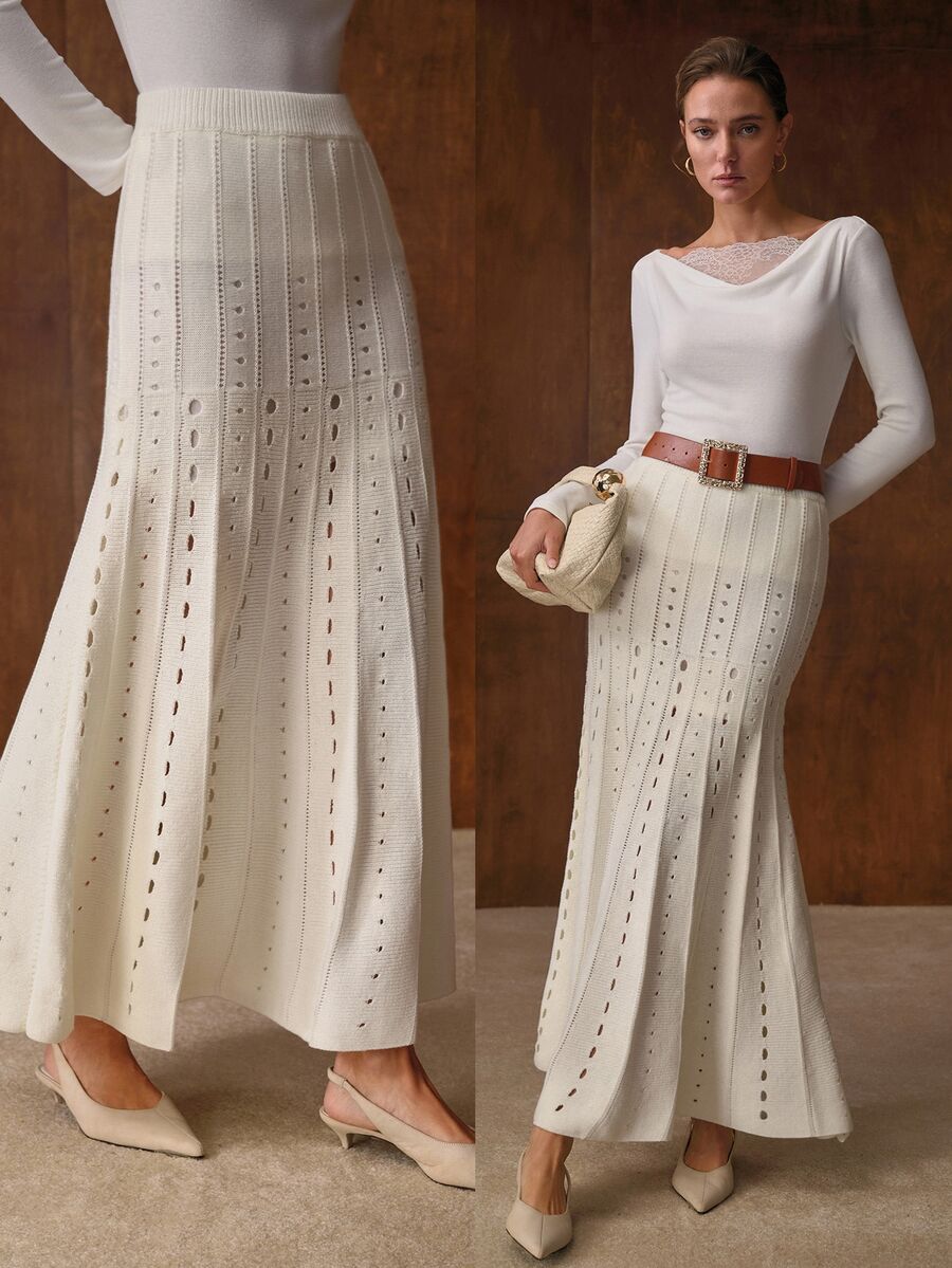MOTF PREMIUM KNITTED HOLLOW-OUT PATTERN MERMAID HEM SWEATER SKIRT, BELT NOT INCLUDED - White - View 1