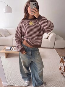 SHEIN EZwear 長袖草莓巧克力條紋海外版寬鬆運動衫，秋季運動衫，適合日常通勤、派對、秋冬春夏、聖誕節、新年、感恩節、派對、婚禮、海灘、畢業典禮、優雅、外出、約會、通勤、情人節、度假、Y2K、畢業典禮等場合 - 彩色 - 查看 5