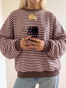 SHEIN EZwear 長袖草莓巧克力條紋海外版寬鬆運動衫，秋季運動衫，適合日常通勤、派對、秋冬春夏、聖誕節、新年、感恩節、派對、婚禮、海灘、畢業典禮、優雅、外出、約會、通勤、情人節、度假、Y2K、畢業典禮等場合 - 彩色 - 查看 6