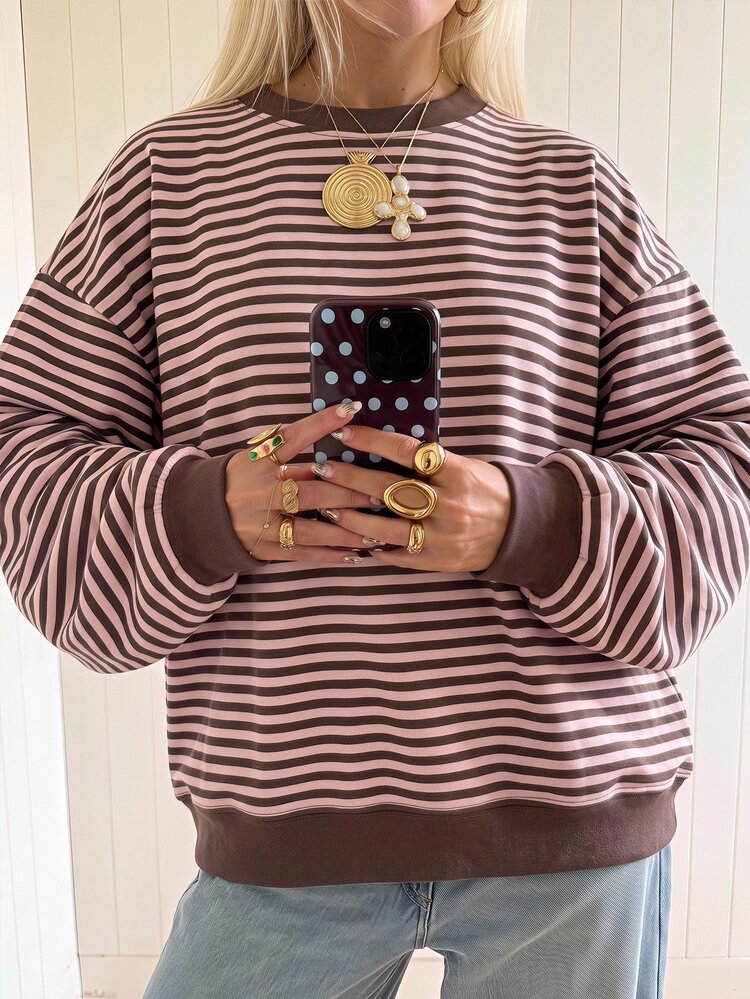 SHEIN EZwear Long Sleeve Strawberry Chocolate Striped Overseas Loose Sweatshirt, Autumn Sweatshirt, Suitable For Daily Commute, Party, Autumn/Winter/Spring/Summer, Christmas, New Year, Thanksgiving, Party, Wedding, Beach, Graduation Ceremony, Elegant, Outing, Date, Commute, Valentine's Day, Vacation, Y2K, Graduation Ceremony And Other Occasions. - Multicolor - View 6