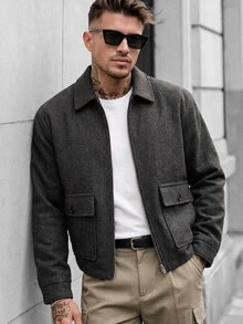 Manfinity CasualCool Men's Autumn/Winter Lapel Short Jacket, Pocket Design Classic Versatile Business Commute Wool Blend - Light Grey - View 1