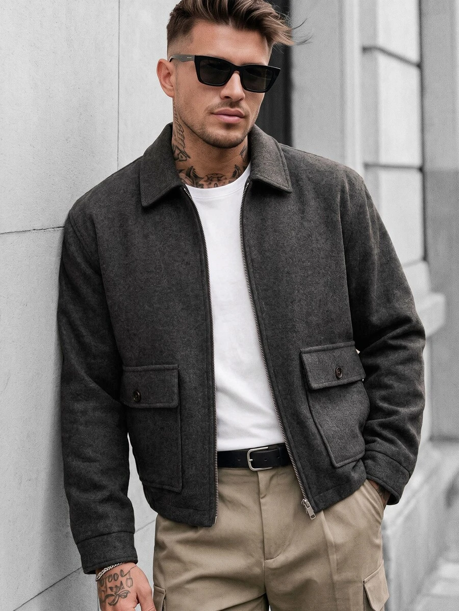 Manfinity CasualCool Men's Autumn/Winter Lapel Short Jacket, Pocket Design Classic Versatile Business Commute Wool Blend - Light Grey - View 1