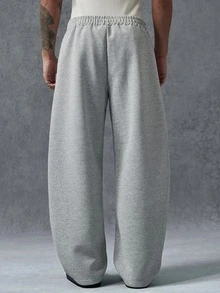 PAVTROS Men's Drapey Wide Leg Curved Hem Sweatpants, Elastic Waist Knit Sports Long Pants, Clean Fit Solid Color, Lazy Relaxed Style, Commuting, Home, Daily Versatile, Unisex Couple Outfit, Holiday Gift - Grey - View 2