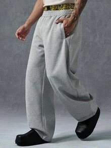 PAVTROS Men's Drapey Wide Leg Curved Hem Sweatpants, Elastic Waist Knit Sports Long Pants, Clean Fit Solid Color, Lazy Relaxed Style, Commuting, Home, Daily Versatile, Unisex Couple Outfit, Holiday Gift - Grey - View 4
