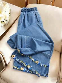 Rivivi Petite Women's Casual Washed Embroidered Patchwork Denim Jeans - Blue - View 8