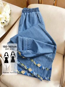 Rivivi Petite Women's Casual Washed Embroidered Patchwork Denim Jeans - Blue - View 7
