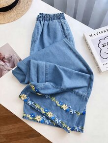Rivivi Petite Women's Casual Washed Embroidered Patchwork Denim Jeans - Blue - View 6