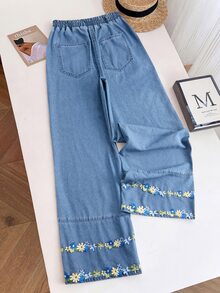 Rivivi Petite Women's Casual Washed Embroidered Patchwork Denim Jeans - Blue - View 2
