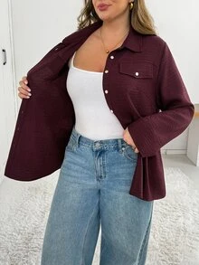 SHEIN Essnce Women's Plus Size Long Sleeve Button-Down Shirt , Stylish, Casual, Loose, And Comfortable For Spring Fall, Work Wear - Red Violet - View 7