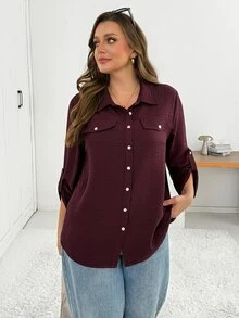 SHEIN Essnce Women's Plus Size Long Sleeve Button-Down Shirt , Stylish, Casual, Loose, And Comfortable For Spring Fall, Work Wear - Red Violet - View 4