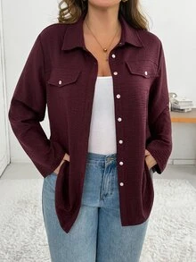 SHEIN Essnce Women's Plus Size Long Sleeve Button-Down Shirt , Stylish, Casual, Loose, And Comfortable For Spring Fall, Work Wear - Red Violet - View 5