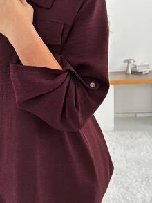 SHEIN Essnce Women's Plus Size Long Sleeve Button-Down Shirt , Stylish, Casual, Loose, And Comfortable For Spring Fall, Work Wear - Red Violet - View 6