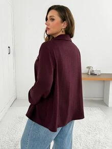 SHEIN Essnce Women's Plus Size Long Sleeve Button-Down Shirt , Stylish, Casual, Loose, And Comfortable For Spring Fall, Work Wear - Red Violet - View 3