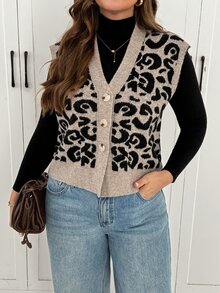Shapeblank Women's Plus-Size Autumn/Winter Fashionable, Casual, Loose, And Comfortable Leopard Print Sweater Vest Cardigan,Fall Outfits,Going Out Tops Women - Brown - View 3