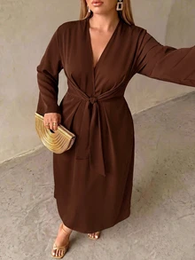 Auralis Elegant Formal Loose Daily Brown V-Neck Tie-Up Long Sleeve Dress Plus Size/Side Slit Autumn Party Photoshoot Dinner Thanksgiving - Brown - View 8