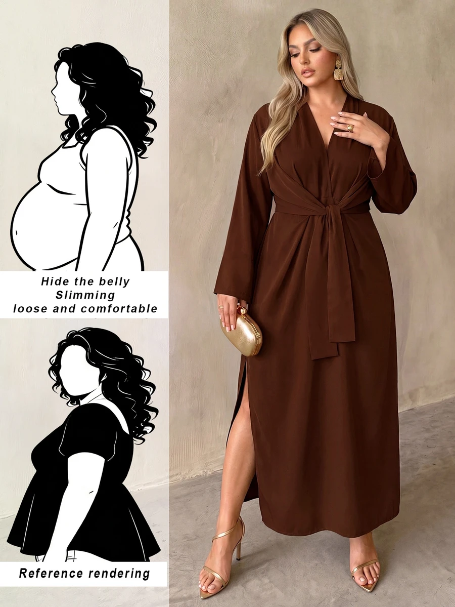 Auralis Elegant Formal Loose Daily Brown V-Neck Tie-Up Long Sleeve Dress Plus Size/Side Slit Autumn Party Photoshoot Dinner Thanksgiving