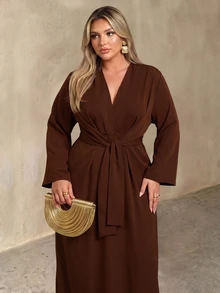 Auralis Elegant Formal Loose Daily Brown V-Neck Tie-Up Long Sleeve Dress Plus Size/Side Slit Autumn Party Photoshoot Dinner Thanksgiving - Brown - View 6