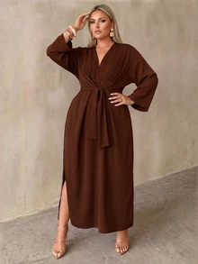Auralis Elegant Formal Loose Daily Brown V-Neck Tie-Up Long Sleeve Dress Plus Size/Side Slit Autumn Party Photoshoot Dinner Thanksgiving - Brown - View 5