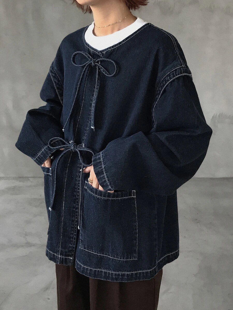 FRIFUL Women's Lace-Up Placket Casual Versatile Daily Denim Jacket Long Sleeve Tops - Black - View 1