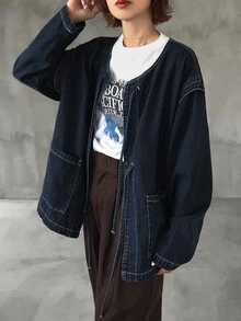 FRIFUL Women's Lace-Up Placket Casual Versatile Daily Denim Jacket Long Sleeve Tops - Black - View 3