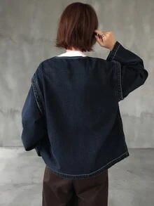 FRIFUL Women's Lace-Up Placket Casual Versatile Daily Denim Jacket Long Sleeve Tops - Black - View 2