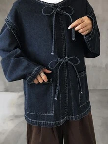 FRIFUL Women's Lace-Up Placket Casual Versatile Daily Denim Jacket Long Sleeve Tops - Black - View 5