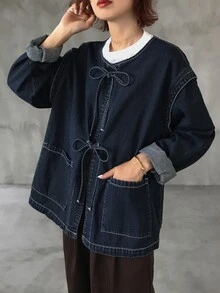 FRIFUL Women's Lace-Up Placket Casual Versatile Daily Denim Jacket Long Sleeve Tops - Black - View 7