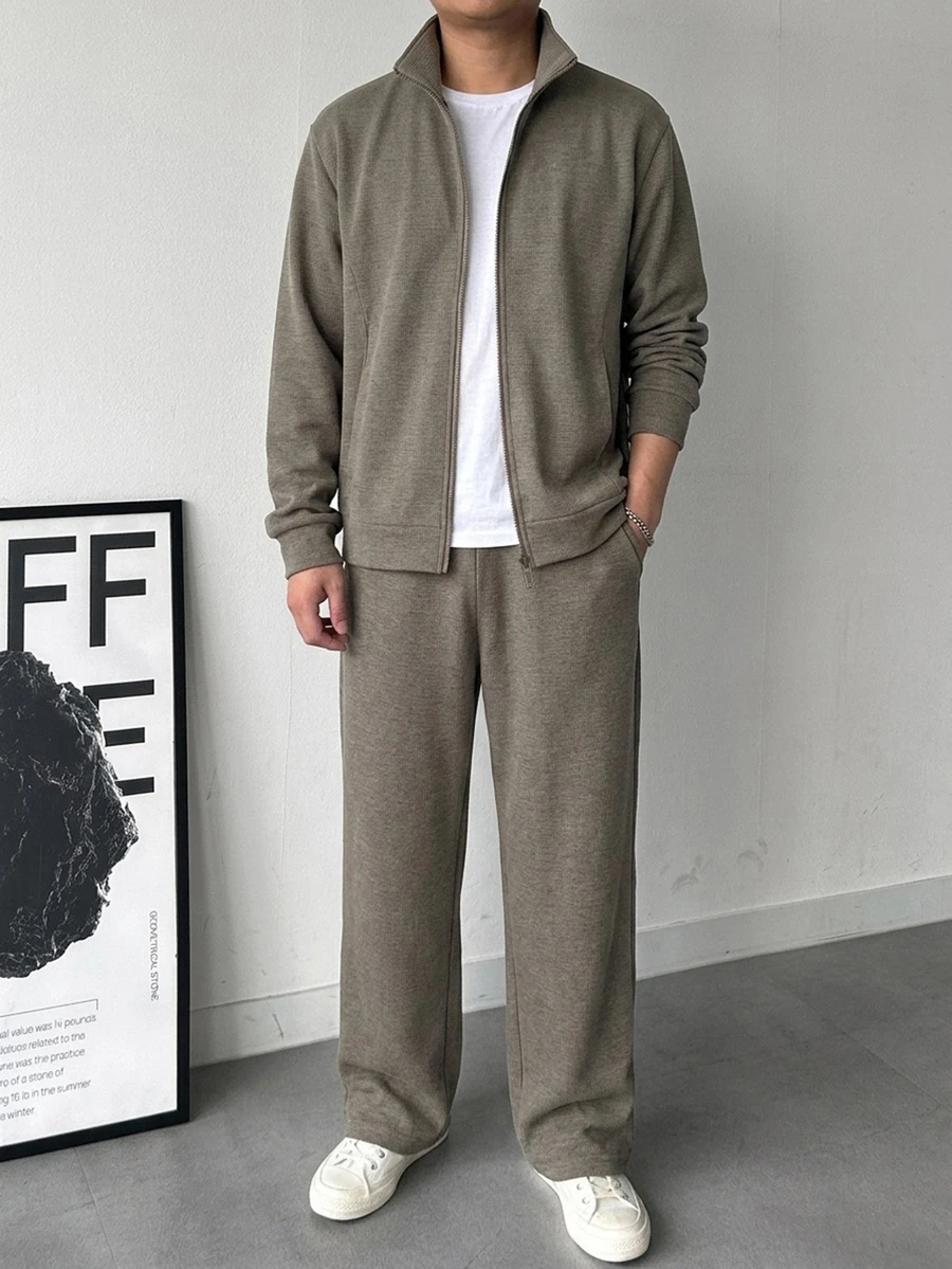 DAZY Spring/Autumn Solid Olive Green Commuter Slightly Loose Jacket With Elastic Waist Slim Leg Pants Men's Outerwear Set - Olive Green - View 1