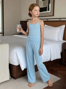 DAZY Tween Girl Fall Clothes Girls (Big) Round Neck Knit Printed Short Sleeve T-Shirt + Plaid Pajama Pants Loungewear Set - Blue - View 4