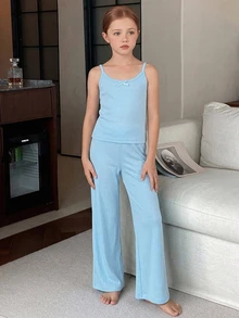 DAZY Tween Girl Fall Clothes Girls (Big) Round Neck Knit Printed Short Sleeve T-Shirt + Plaid Pajama Pants Loungewear Set - Blue - View 7